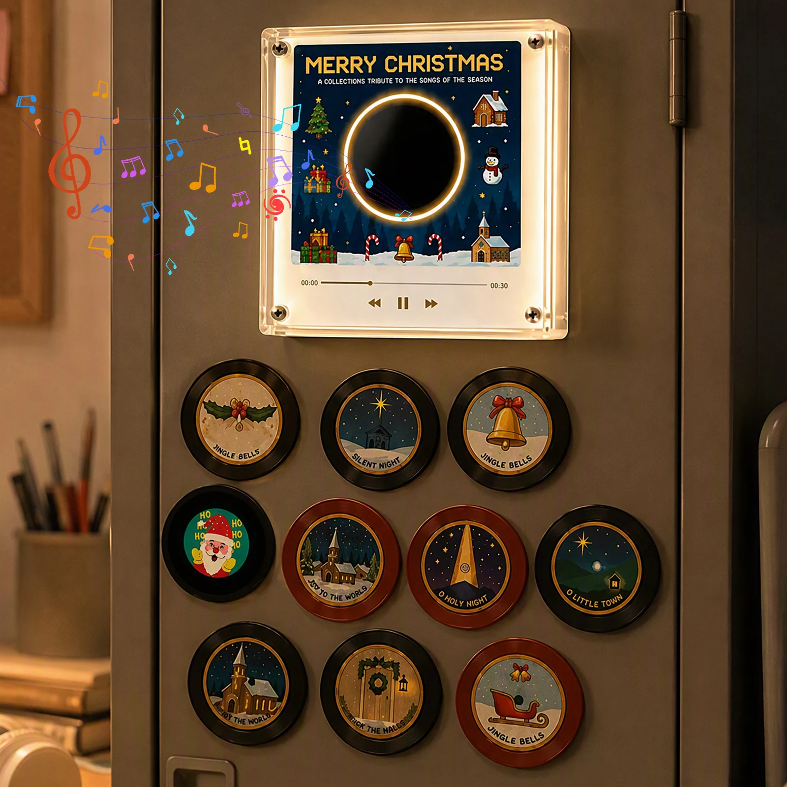 Christmas NFC Magnetic Vinyl Record Player Ambient Night Light Acrylic Music Player with 9 Replaceable Discs Fridge Ornament