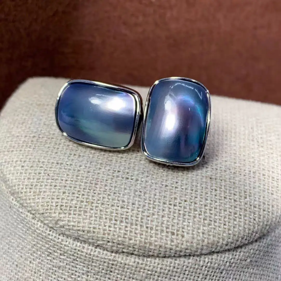 set Sea shell Mabe pearl white blue S925 oblong pendant earrings Ring Bracelet