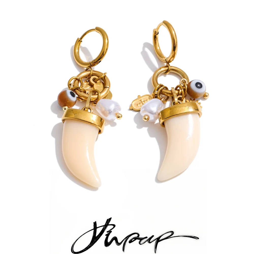 Yhpup Horn Handmade Hoop Earrings for Women Resin Acrylic Imitation Pearl Drop Fashion Stainless Steel Charm Jewelry Recommend