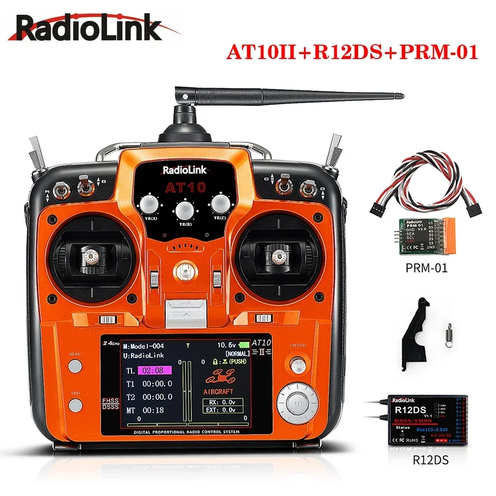 Radiolink AT10II 9S 2.4Ghz 12 Channel RC Transmitter and Receiver R12DS AT10 II PRM-01 Voltage Return for RC Drone Airplane Quad