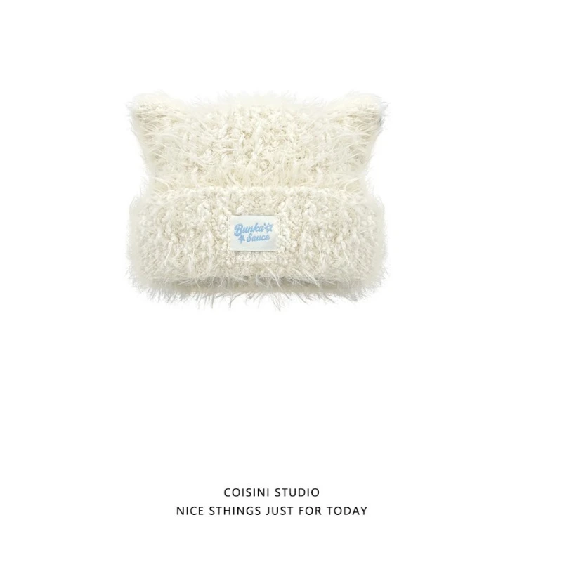 Koreanische Süße Mischfarbige Strickmütze mit Katzenohren, Winter-Outdoor-Warme, Niedliche und Vielseitige Skelett-Beanie-Mützen für Damen – Detail 6