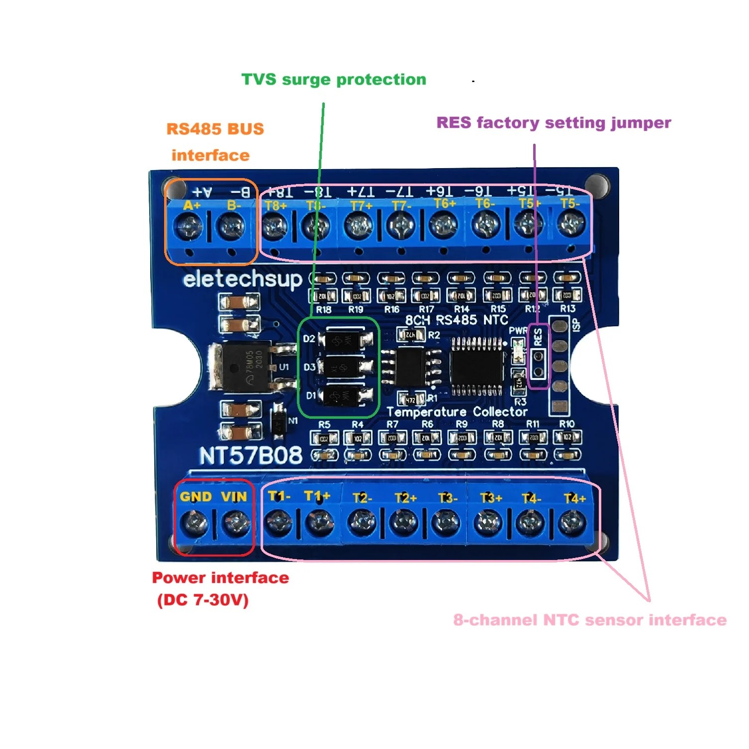 8CH Simultaneous Temp Res Acquisition Board -20-125C 1K-200K Ohm Modbus RTU RS485 for NTC Sensors DC7-25V Data Logger