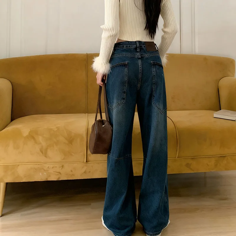 Otoño 2025 pantalones vaqueros de pierna ancha cónicos ajustados de cintura alta Y2K pantalones vaqueros azules Vintage Dongdaemun dobladillo curvo para mujer