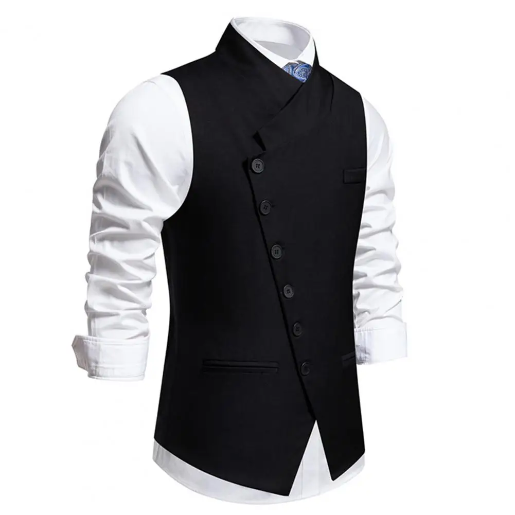 

Solid Color Vest Coat Men's Slim Fit Sleeveless Wedding Waistcoat with Sloping Lapel Collar Single Breasted Business for Party