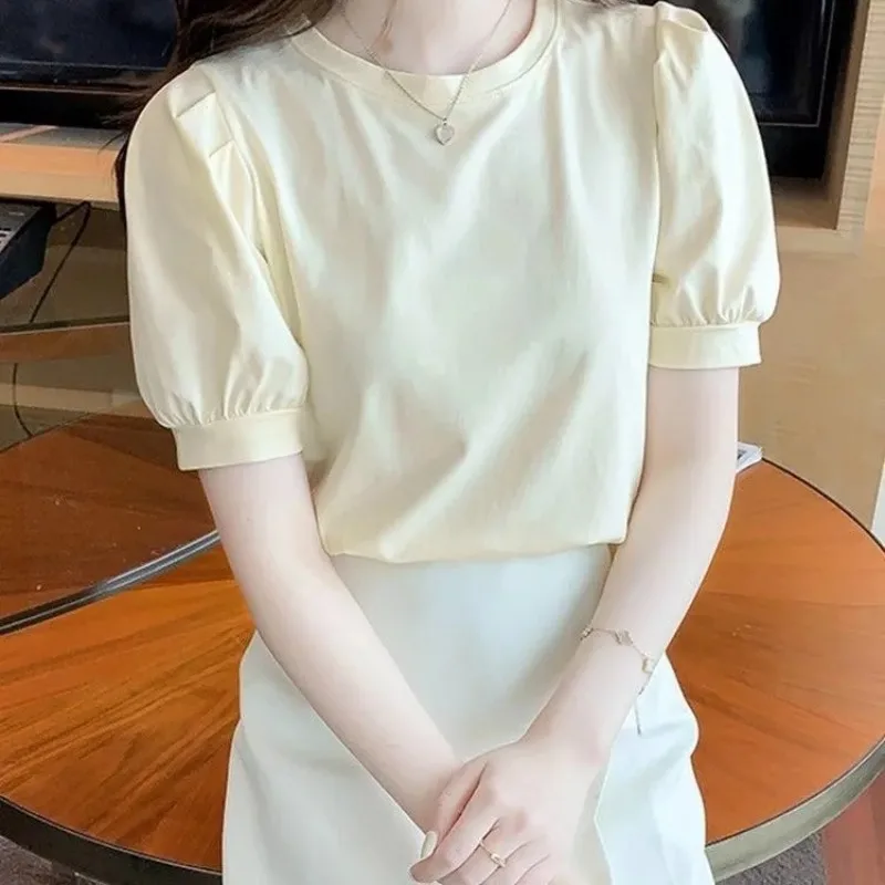 

Summer New Solid Color Puff Sleeve T-shirt Women's Tops Korean Style Loose White Short Sleeves