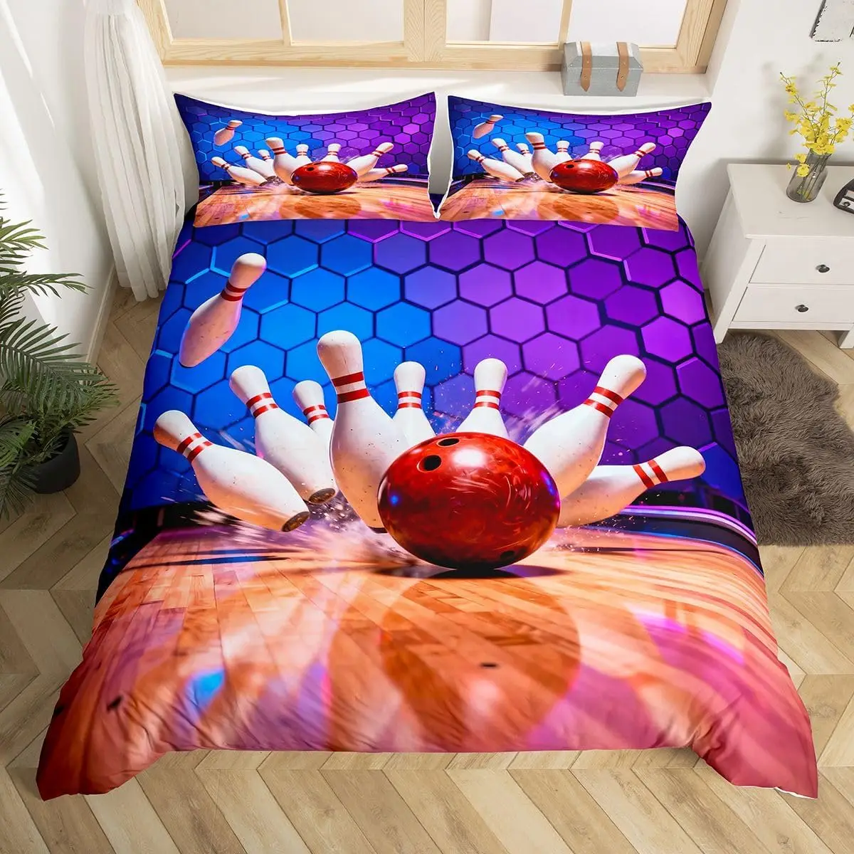 Bowling Balls Duvet Cover Set Full Queen King Size, Ball Games Sports Bedding Set, Graffiti Modern Competition Comforter Cover