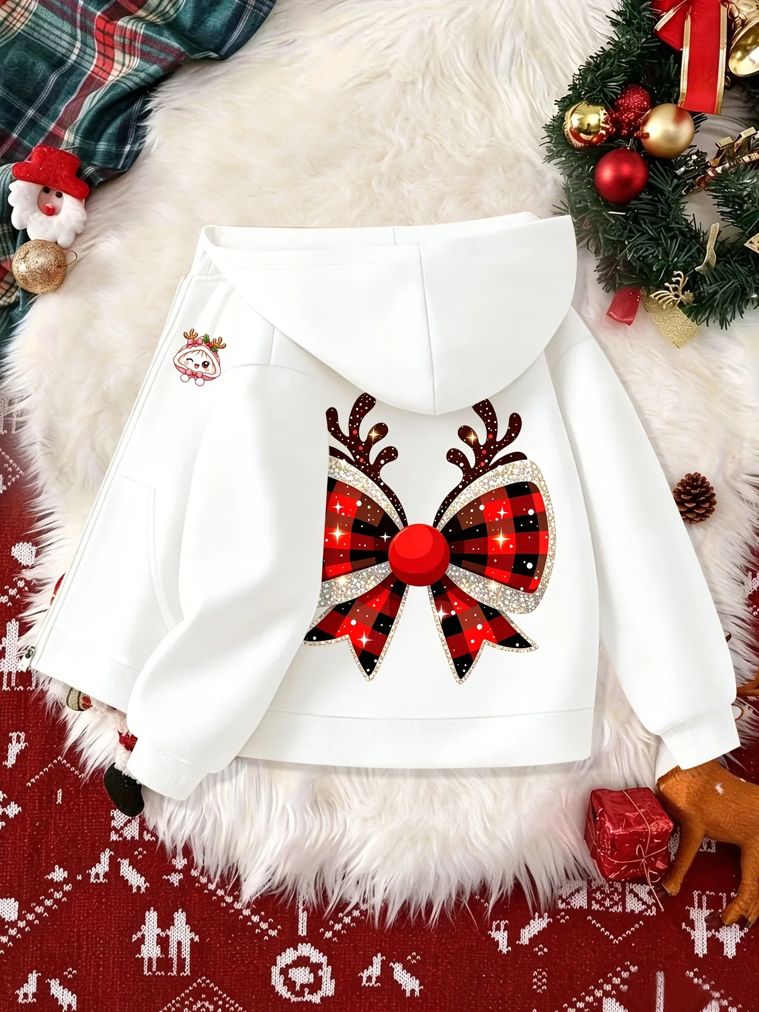 Unisex Kids Christmas Plaid Bow Antler Zip Up Hoodie, Cute Cartoon Reindeer Character Print Autumn Winter Sweatshirt