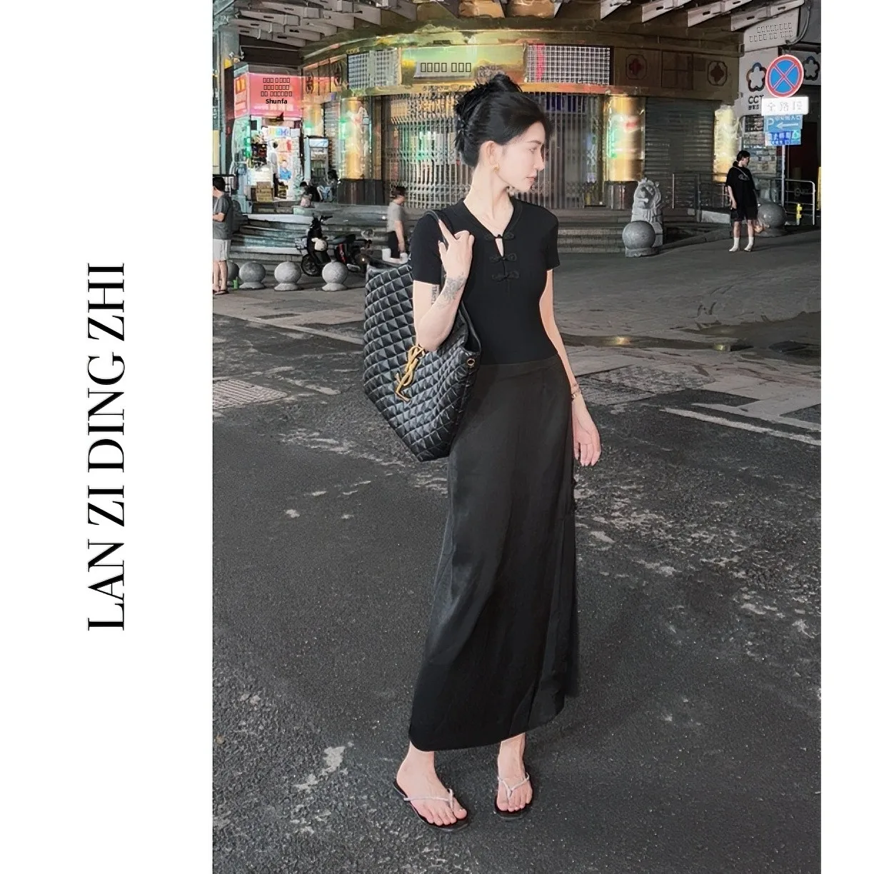 

Chinesesle Semi Formal Skirt Cool Fabric Satin Feel Side Slit Slimming Waist Aline Skirt for Women Polyester Elastic Fiber