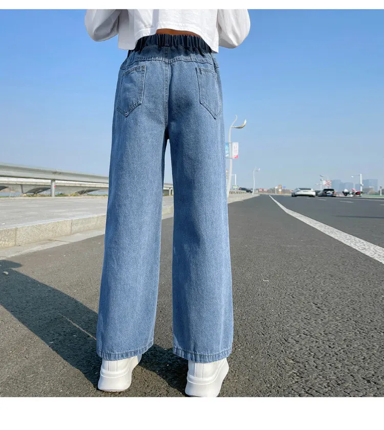2027 Lässige Jeans für Mädchen, Teenagerkleidung, elastische High-Waist-Denim-Hose mit weitem Bein, Frühlings-Modelle für ältere Kinder, gerade Hose, 5-14 Jahre – Detail 3