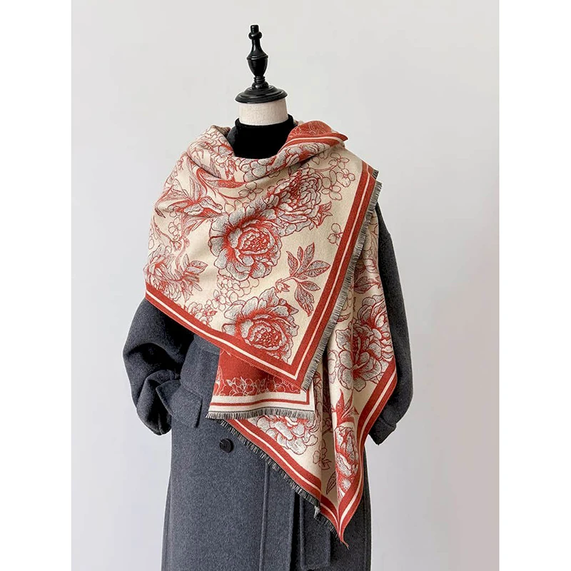 Scarf Women Luxury Vintage Graffiti Flower Cashmere-like Female Scarf Korean Style Autumn Winter Warm Pashmina Thickened Shawl