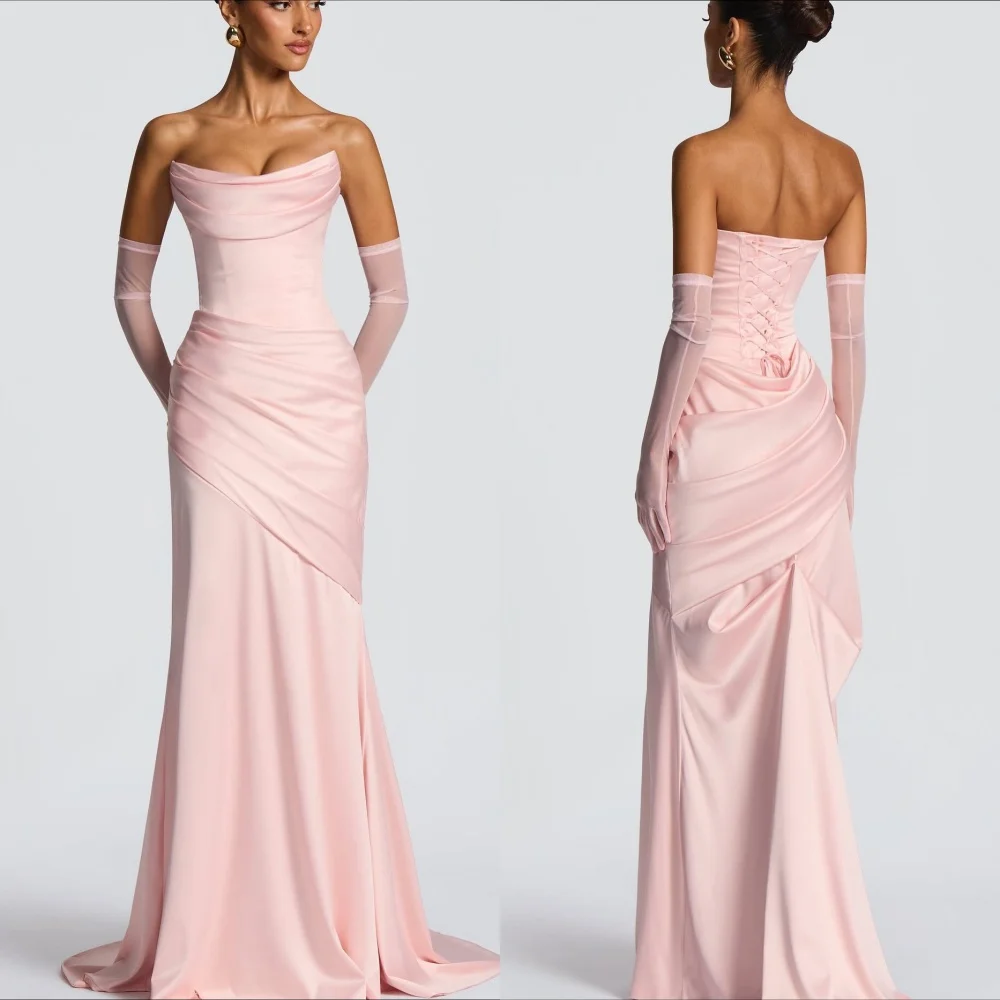 

Customized Modern Style Simple Charmeuse Ruched Pleat Mermaid Strapless Long Dresses Bespoke Occasion Dresses Matching Fashion