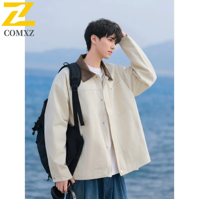 

COMXZ Men Cotton Windbreaker Jacket Turndown Collar High Quality Office Walking Camping Varsity Jacket Daily Minimalist Coat