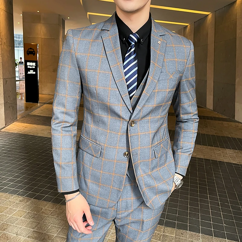 

Banquet Casual Business Work all matching fine 3-piece set (3-color M-5XL) 2025 Men's plaid suit (Suit + vest + trousers)