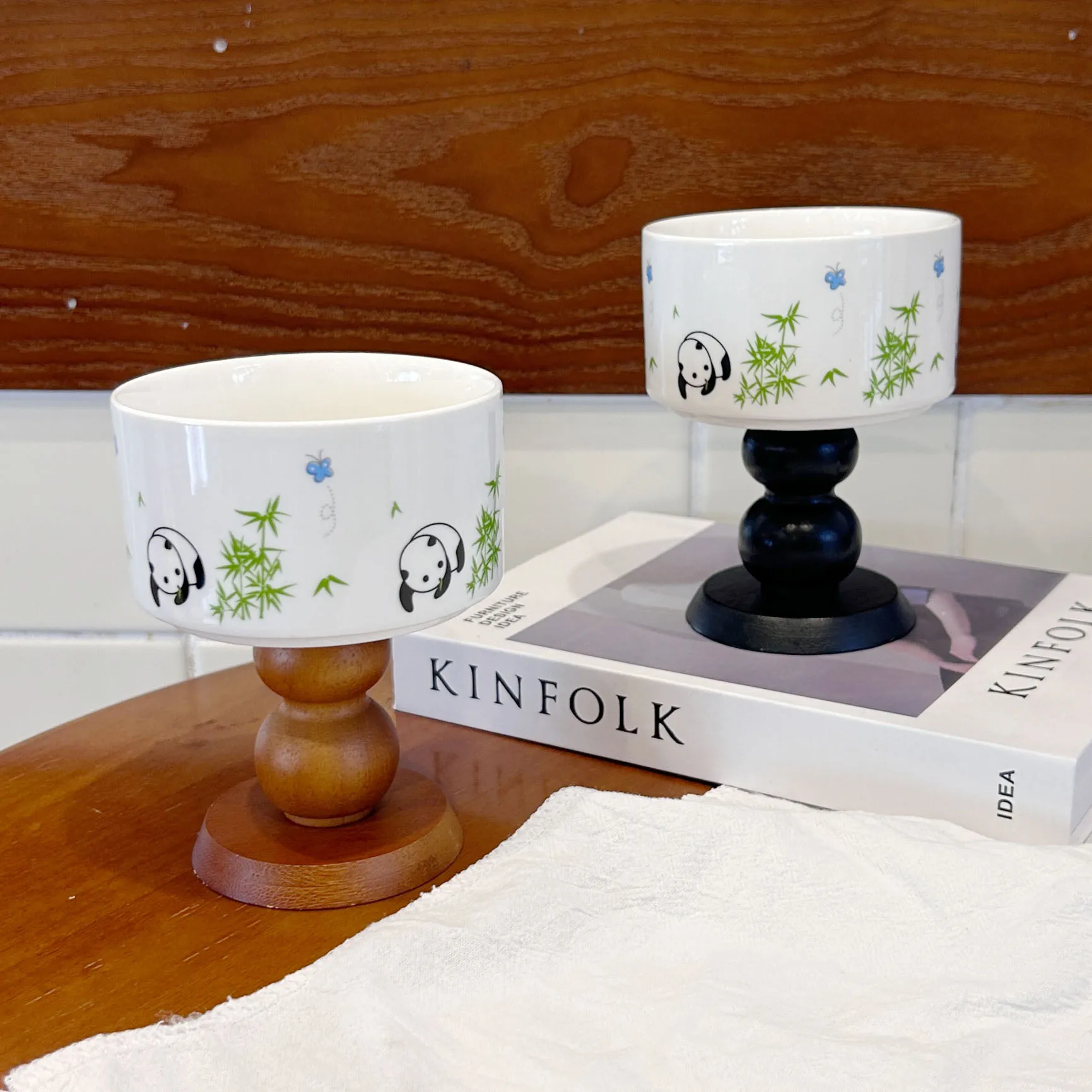 Cute Panda Print Footed Ceramic Cup, Aesthetic French Style Goblet for Dessert Coffee Tea Candle Holder & Home Decor