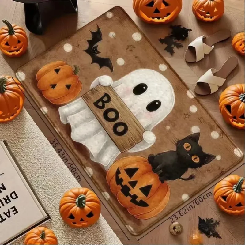 Halloweenowa, kwadratowa mata do przedpokoju, wykonana z flaneli z nadrukiem, gruba, miękka i chłonna, z antypoślizgową podstawą z PVC, idealna do przedpokoju, łazienki i toalety. — 2