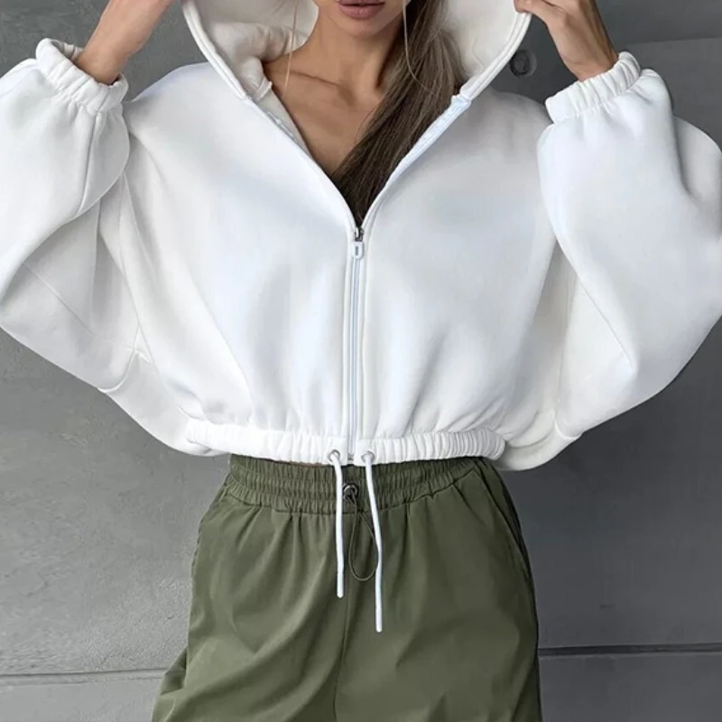 Loose Sweatshirt Women's 2025 Short Waist Crop Hoodie Casual Zippered Long Sleeve Jacket