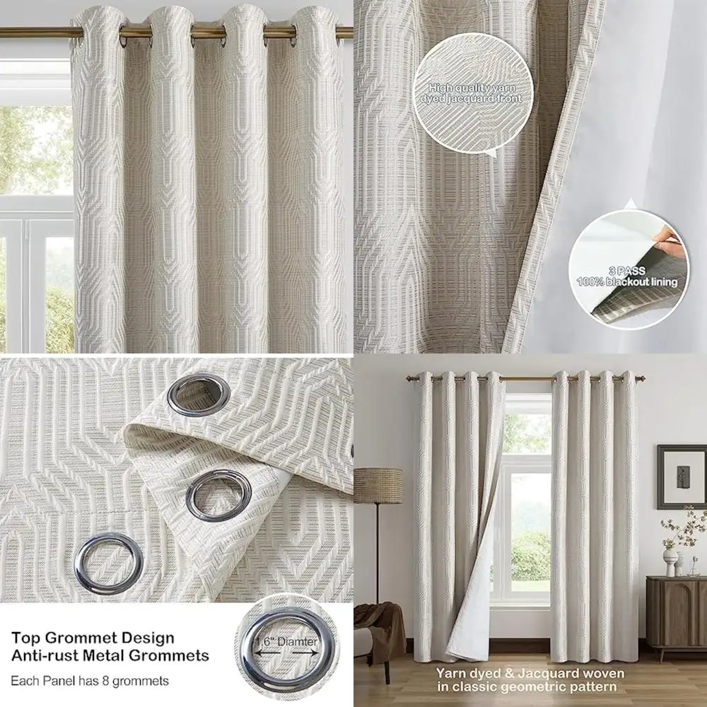 

Geometric Patterned Blackout Curtains in Beige and Silver, 100% Blockout, 52" Width x 108" Length, 2-Panel Set with Thermal Insu