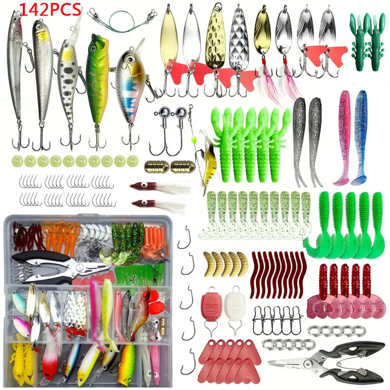 Fishing Lure Set 18/21/59/142pcs Mixed VIB Lure Kit Soft Lure Minnow Popper Hooks All Fishing Accessory Fresh Water