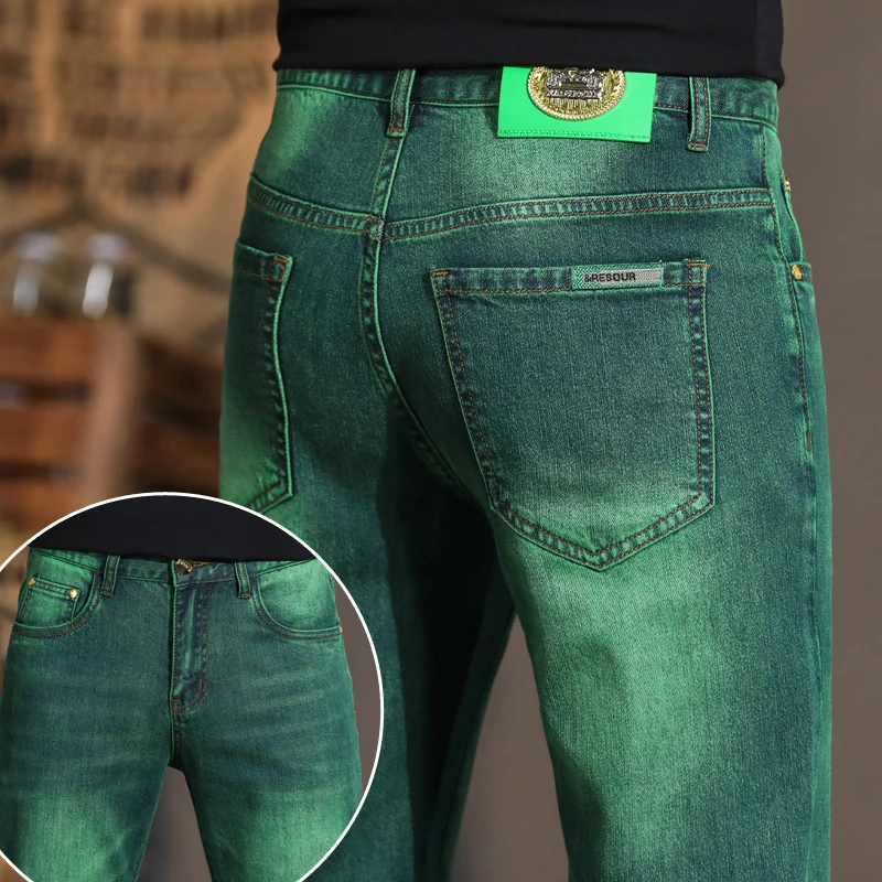 Light Luxury Men\'s Clothing Summer Fashion Trends Green Washed-out Vintage All-Match Stretch Slim Casual High-End Jeans Men