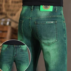 Light Luxury Men's Clothing Summer Fashion Trends Green Washed-out Vintage All-Match Stretch Slim Casual High-End Jeans Men