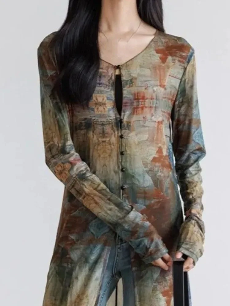 Y2k American Retro Thin Long Jackets For Women Spring Summer Print Transparent Ropa De Mujer Sexy Sunscreen Mesh Chaquetas