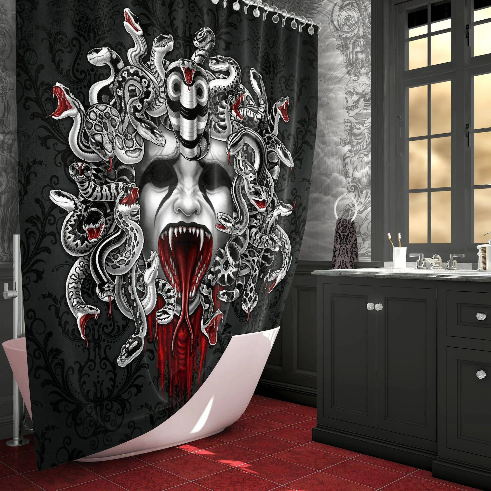 Cortina de ducha gótica, decoración de baño, arte de terror y Halloween, Medusa y cráneo gritando, cortinas de baño de serpientes blancas y negras