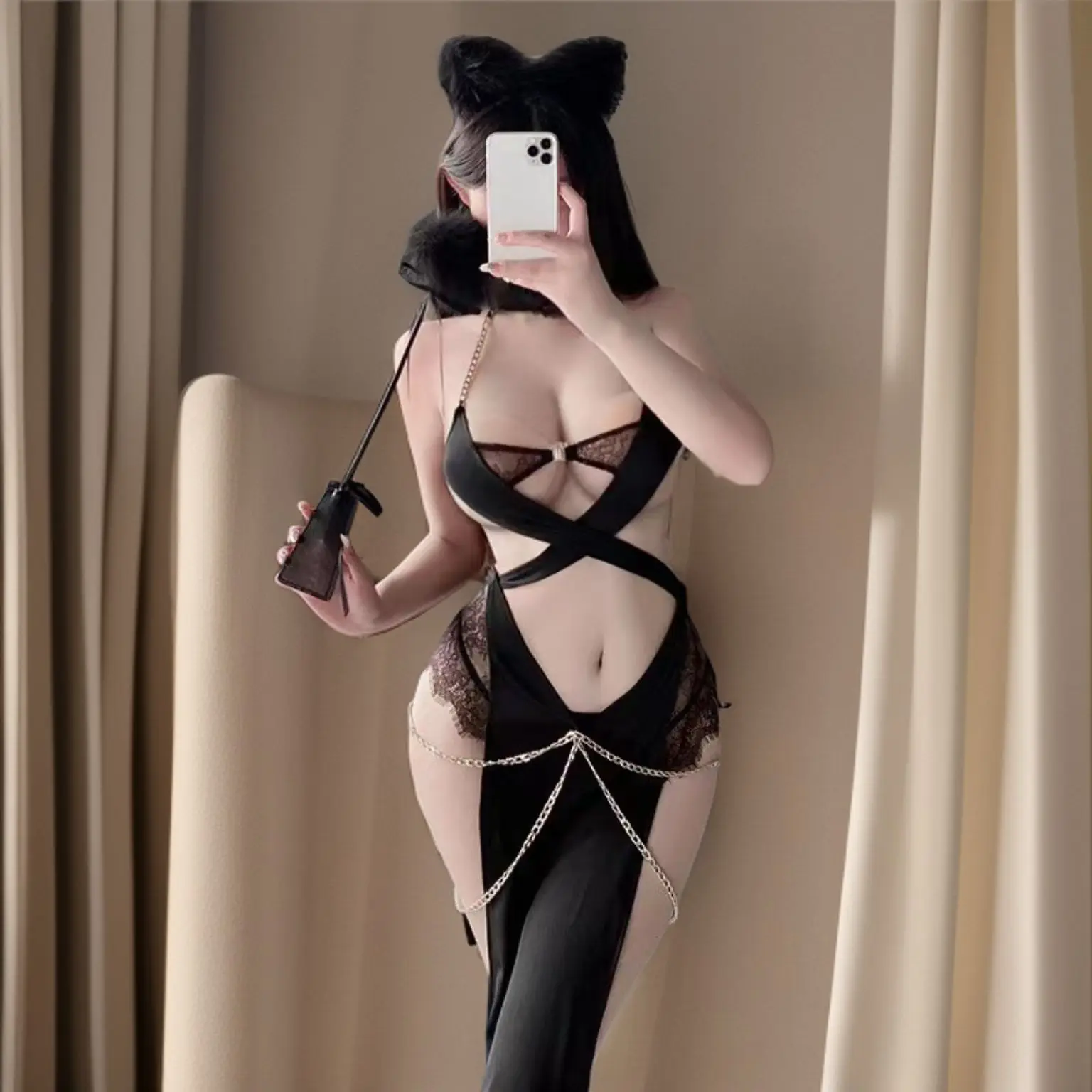 Women Cosplay Uniform Sexy Lingerie Set Metal Chain Dress Women\'s Hollow Fishnet Stockings Backless Teddy Dresses Sex Costume