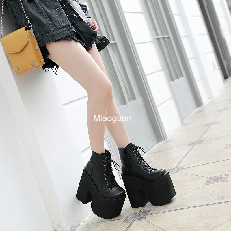 Fashion Height 17cm Chunky Heel Motorcycle Boots Women Platform Ankle Boots Punk Cosplay Thick Sole Goth Girls Shoes Big Size 43