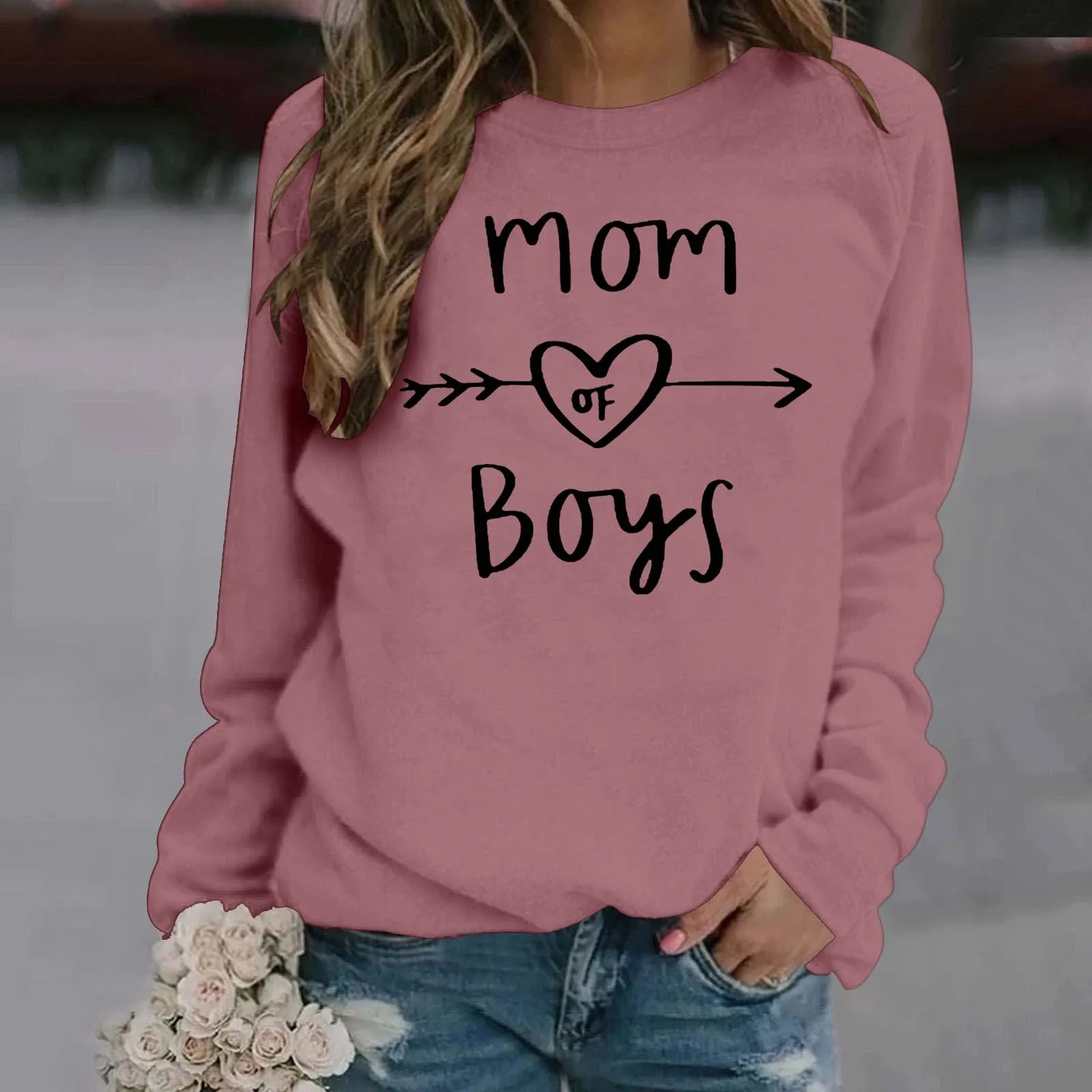 

Ladies Casual Letter Print Solid Color Pullover Round Neck Long Sleeve Shoulder Hoodie Ladies Zip Sweater