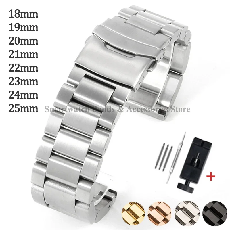 18/19/20/22/24mm/25mm Stainless Steel Watch Strap for Seiko for Huawei Watch Gt2/3 Wrist Band Folding Buckle Luxury Men Bracelet