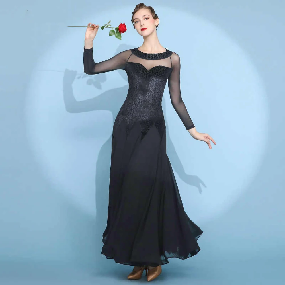 Nowy, seksowny strój do tańca towarzyskiego Waltz Slim, damski, z okrągłym dekoltem, aksamitny, czarny, z długim rękawem, idealny do ćwiczeń.