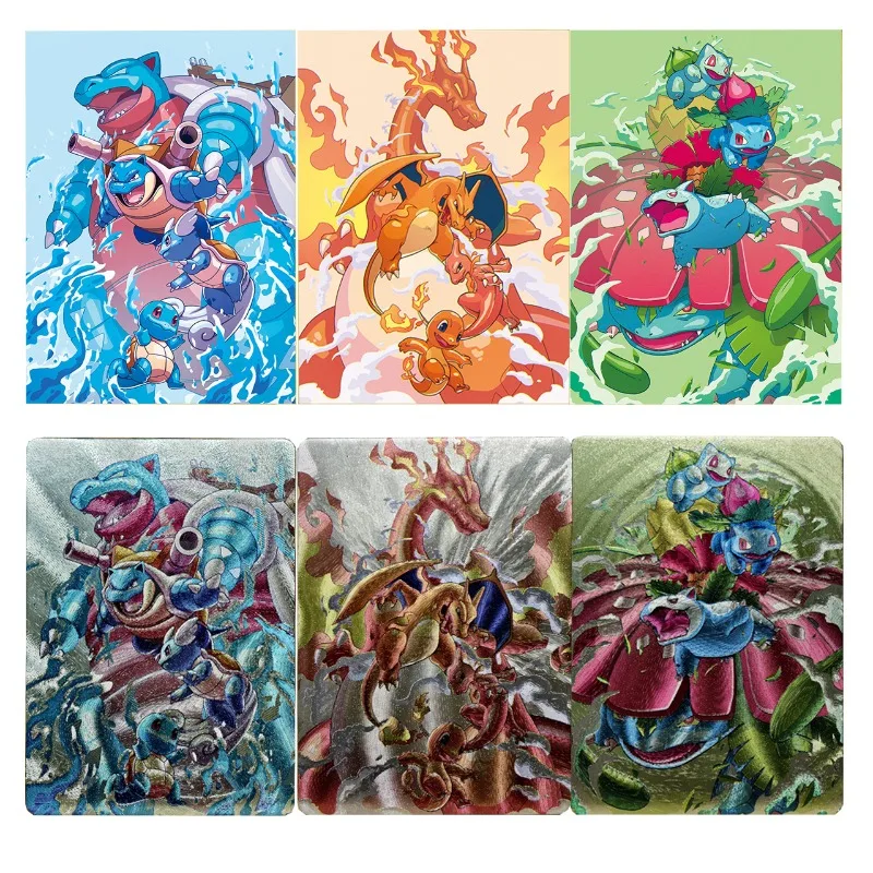 3 pçs/set PTCG Primeira Geração Charmander/Squirtle/Bulbasaur DIY Refratório Áspero Cartão Flash Anime Jogo Coleção Cartão Brinquedo Presente