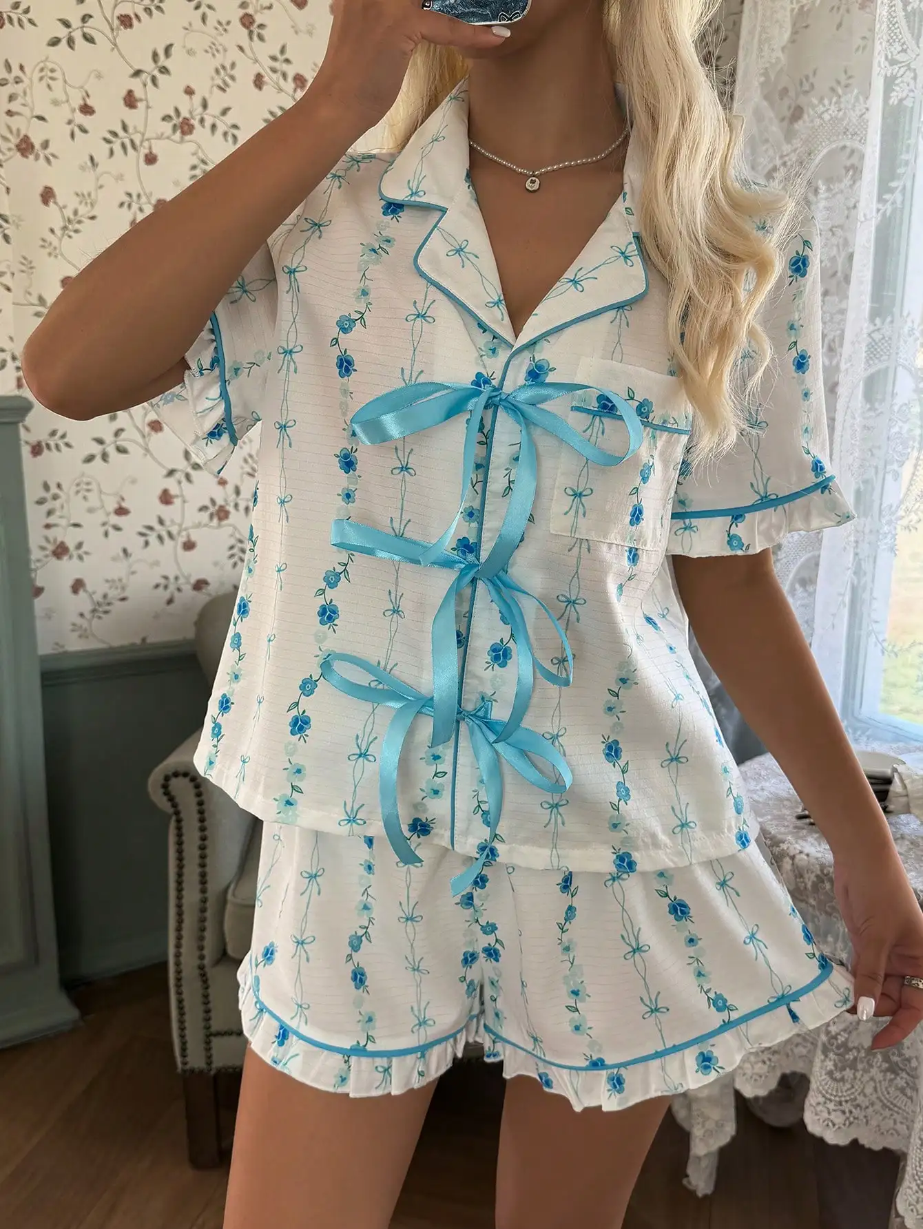 Romantic Floral Print Pajama Set, Sweet Bow Tie Decor French Romantic Drawstring Pajama Set, Elegant Ladies Sleepwear Set