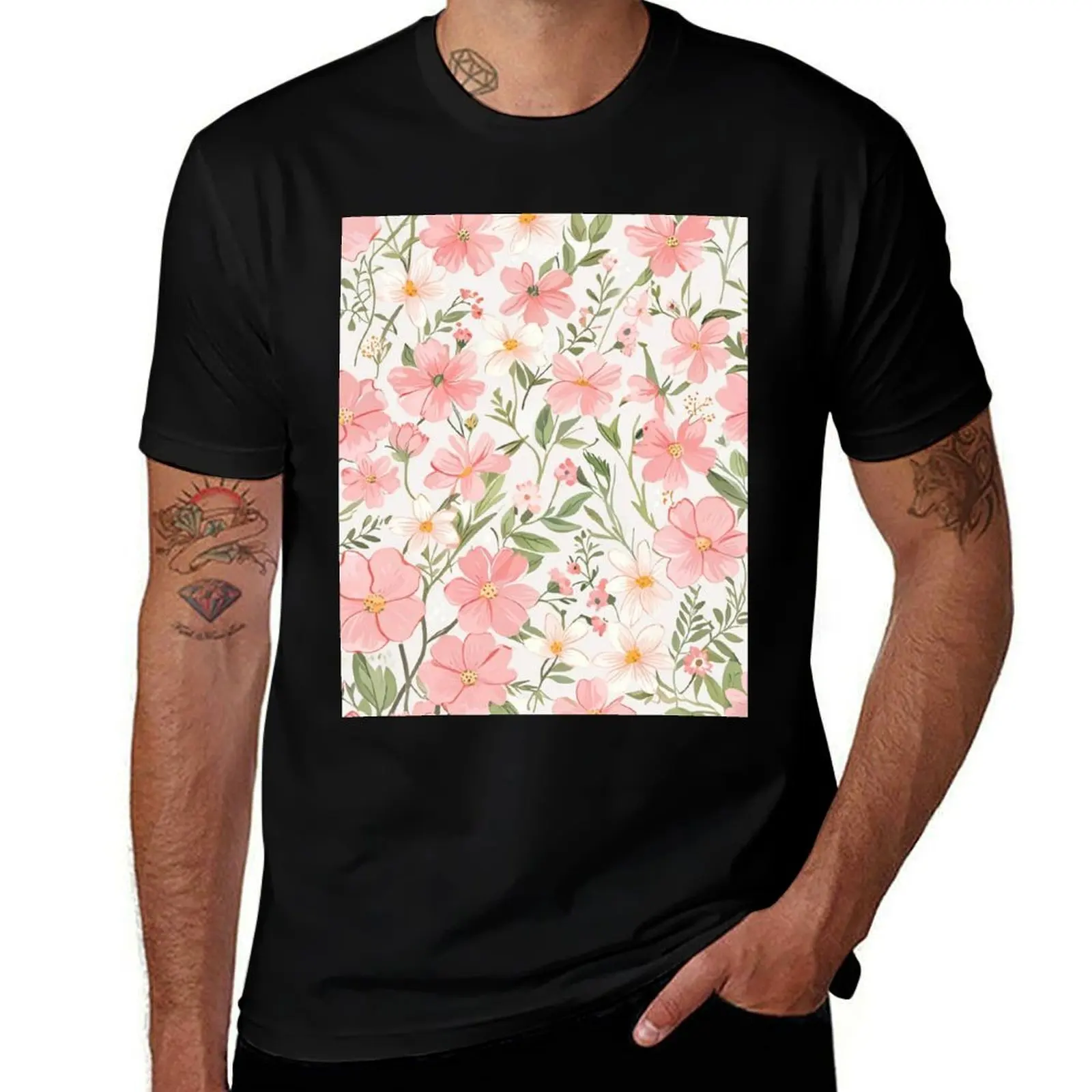 

Pink Flowers T-Shirt baggy shirts custom t shirt heavyweights luxury t-shirt mens t shirt graphic