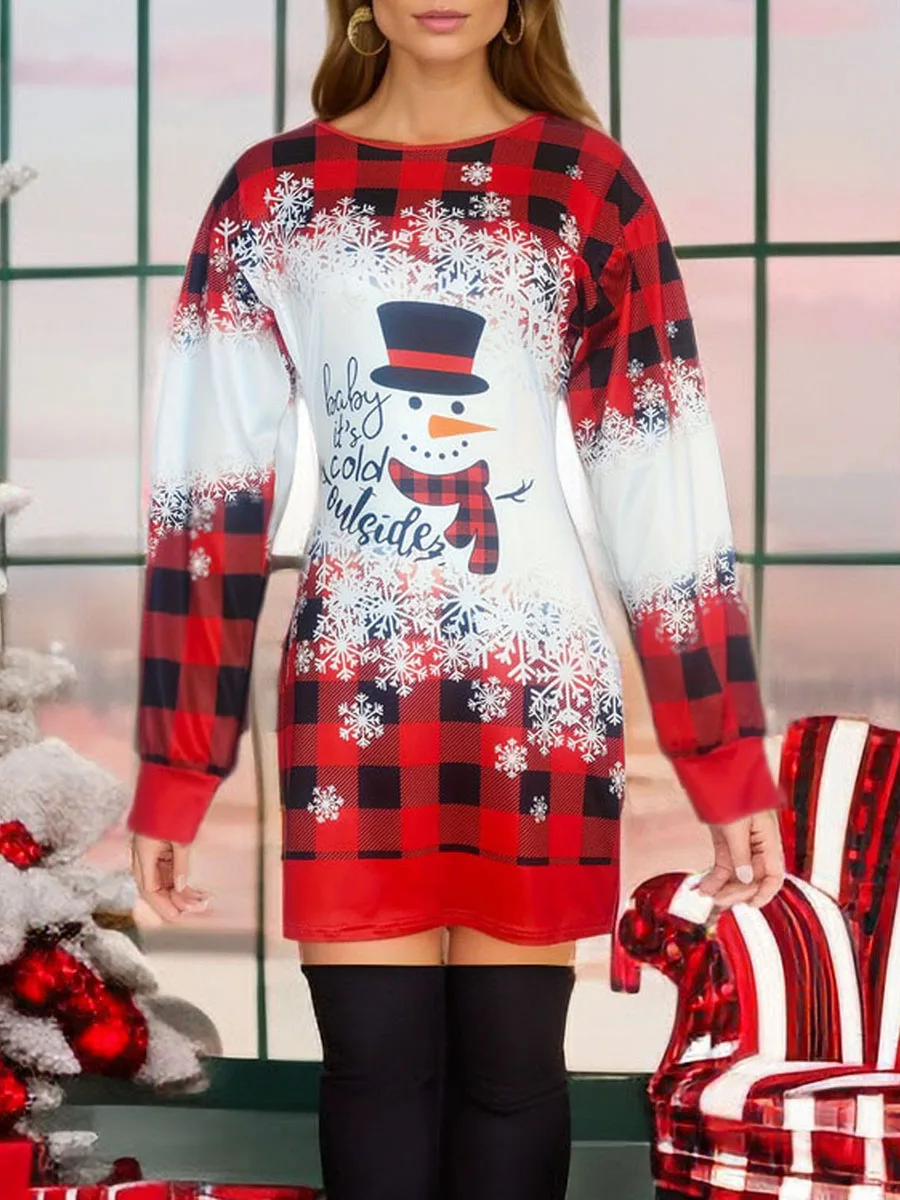 Women Funny Christmas Dress Off Shoulder Long Sleeve Reindeer Snowflake Print Tunic Dress Plus Size Xmas Holiday Shirt Dress