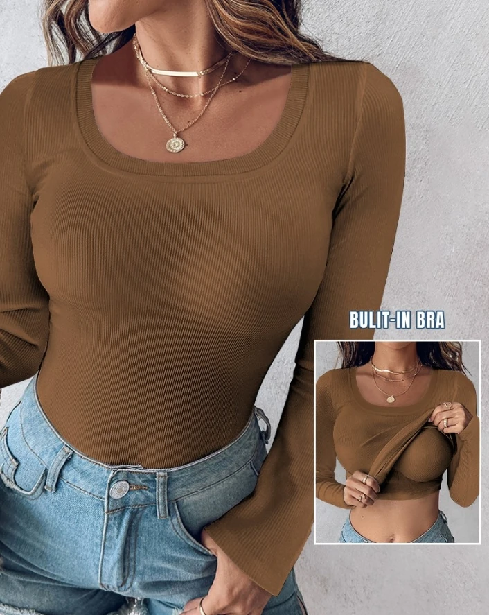 Sexy Elegant New Fashion 2024 Autumn Winte Casual T-Shirt Pullover Tops U-Neck Built-In Bra Long Sleeve Ribbed Top