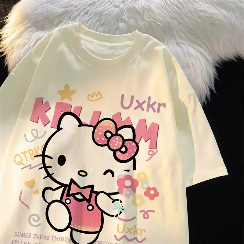 

Женская летняя футболка с короткими рукавами из чистого хлопка с рисунком «Hello Kitty», новый модный стильный и повседневный топ с короткими рукавами