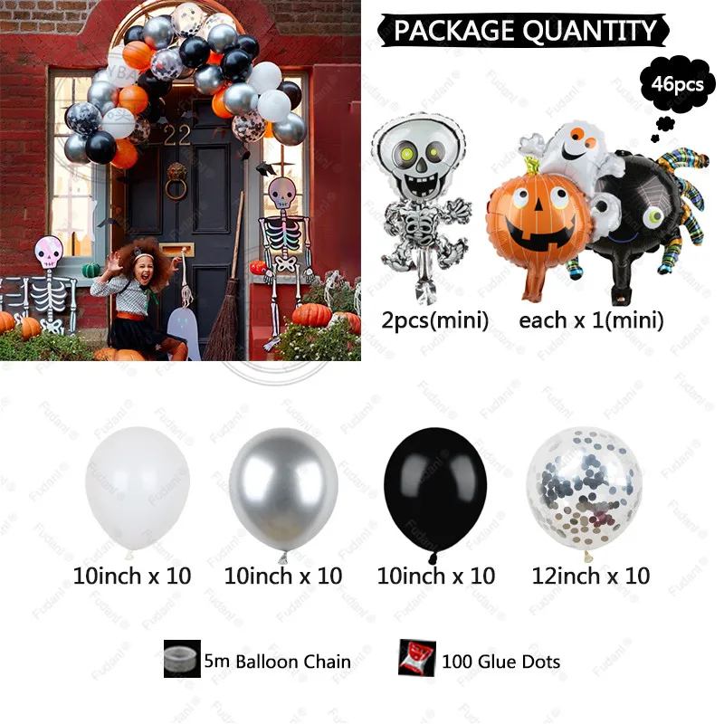 46pcs Black White Halloween Latex Balloons Garland Arch Halloween Party Decorations Spider Ghost Foil Balls Silver Confetti Ball