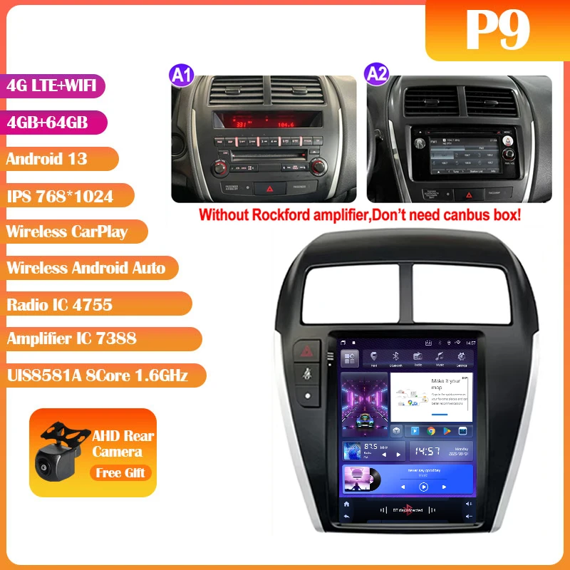 Android 14 Mitsubishi Asx 1 2010-2016 9.7 "7862S QLED Autoradio Multimedia Video Player Carplay Auto GPS Navi Stereo Geen DVD 2Din