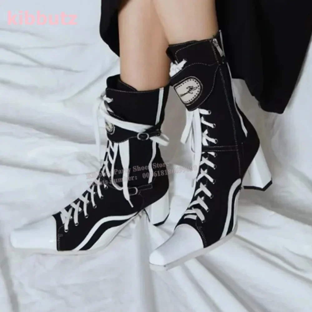 

Холщовые ботильоны на шнуровке с квадратным носком, массивный каблук, боковая молния, разноцветная модная новинка, сексуальная лаконичная женская обувь, новинка 2023, новинка