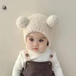 Cute Winter Warm Kids Girl Boys Baby Hats Fleece Wool Hemming Caps With Ball Wool Ear Protection Hats Soft Newborn Bonnet