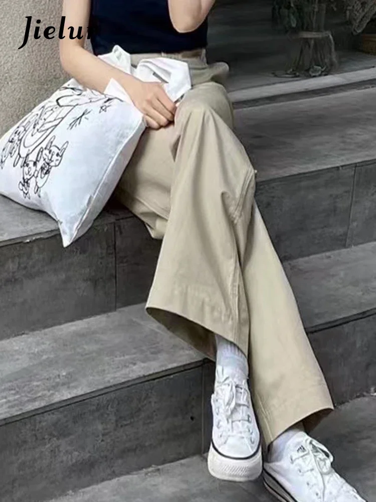 Jielur Summer Khaki High Waist Slim Casual Women's Wide Leg Pants Full Length Straight Solid Color Loose Simple Office Ladies