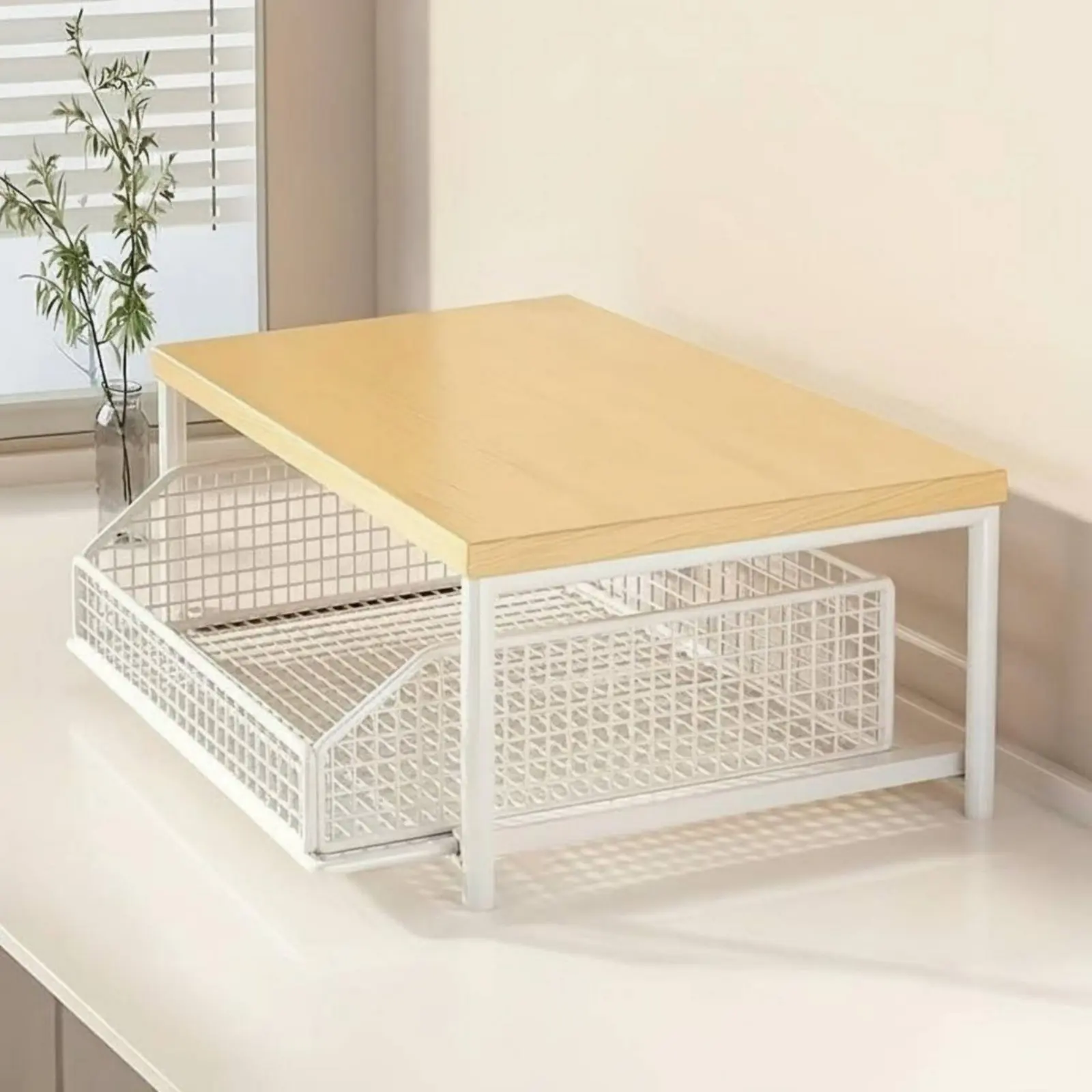 2-Tier Kitchen Counter Rack Space Saving Countertop Appliance Riser Microwave Shelf with Drawer Versatile for Laundry Room