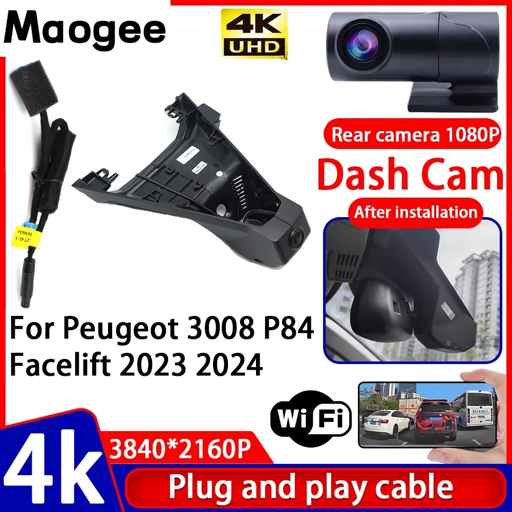 Cámara de Video para Auto con Visión Nocturna 4K UHD, Plug and Play, DVR para Peugeot 3008 P84 Facelift 2023 2024
