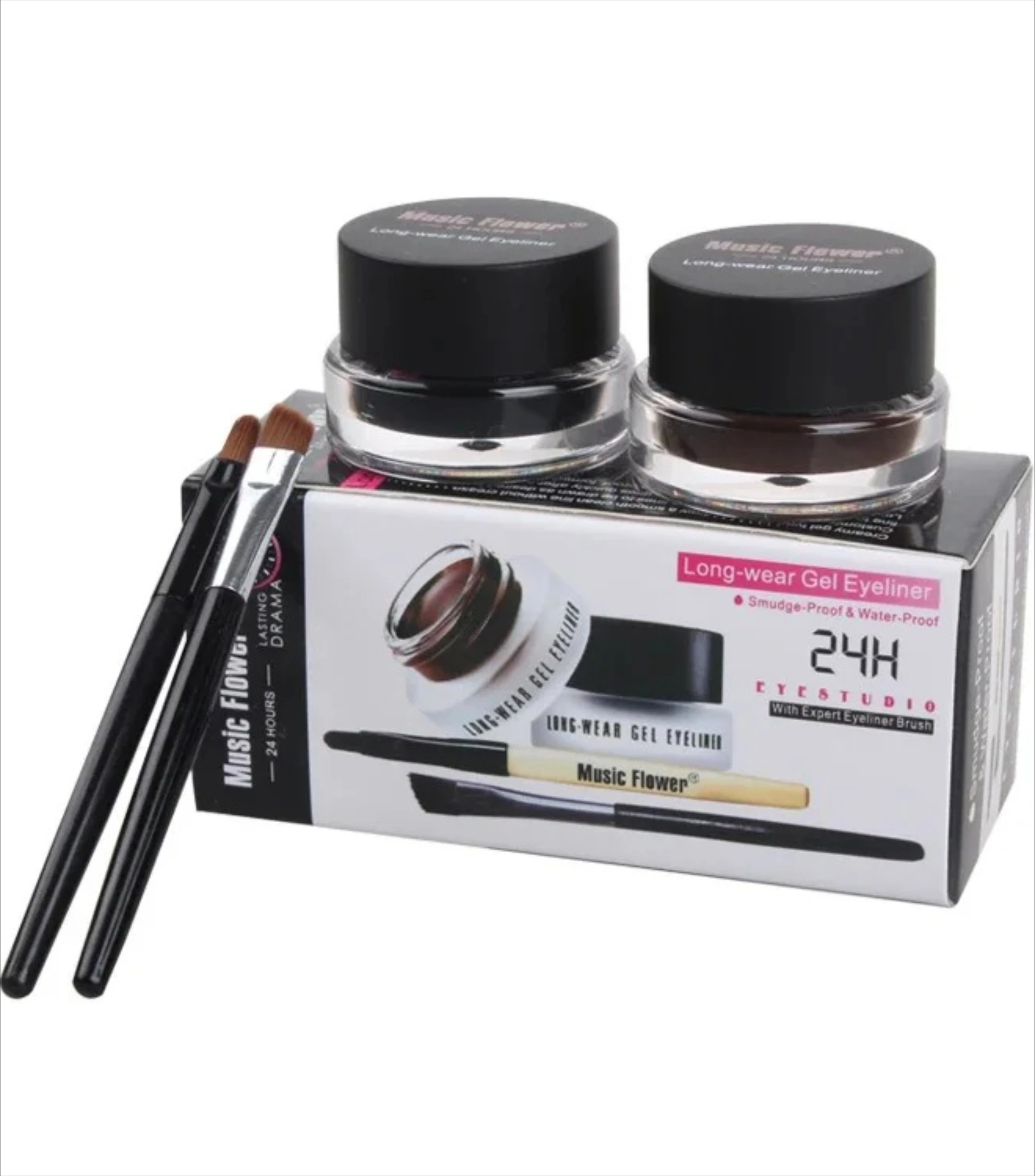 Music Flower 2-in-1 Two-Color Eyeliner Gel Set Black & Coffee Waterproof 3D Long-Lasting Smudge-Proof Eye Makeup Cosmetic Kit