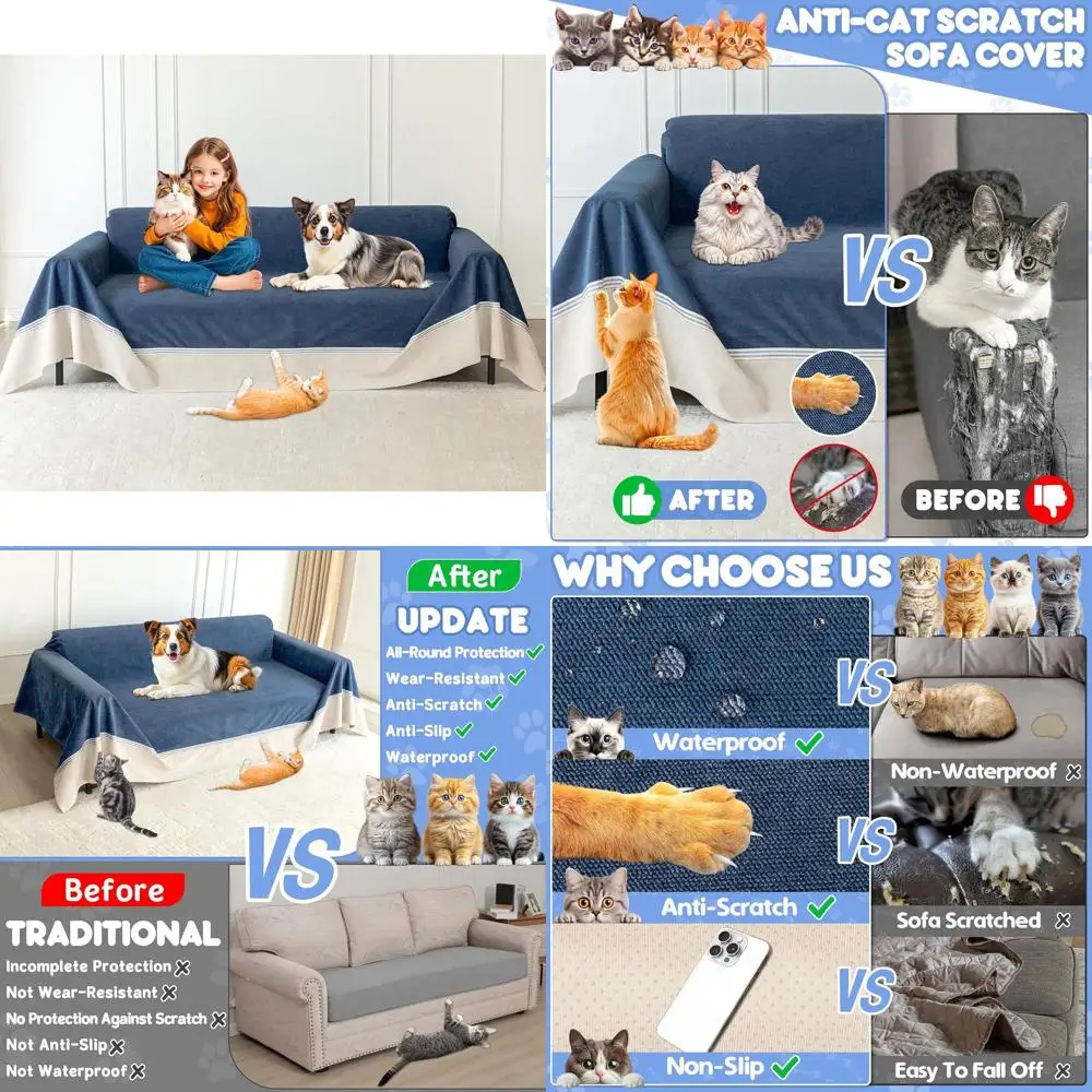 

Pet-Friendly Anti-Scratch Couch Cover, Waterproof Sofa Protector for 3-Cushion Couch, Navy Blue, 134x91, Ideal for Cats and Kids