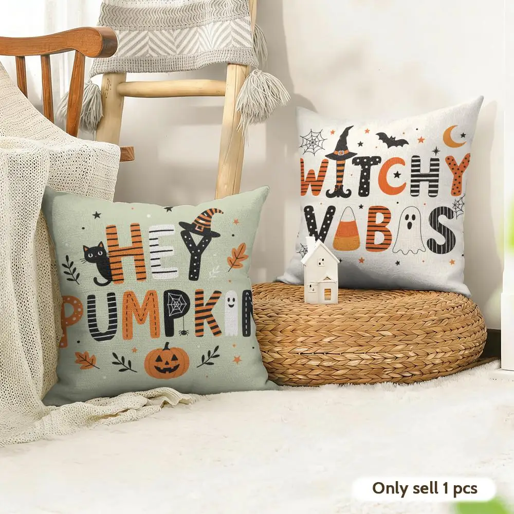 Halloween Typography Art Design Cushion Cover Linen Throw Soft Decorative  for Bed Sofa Car Home Decor Pillowcase 45x45cm