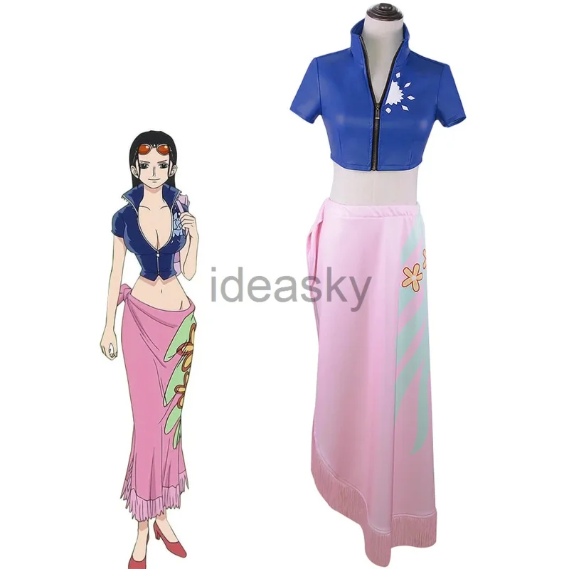 Women Nico Robin Top and Floral Pattern Wrap Skirt Cosplay Costume Kimono Dress Onigashima Wig Outfit Wig Full set PA1685