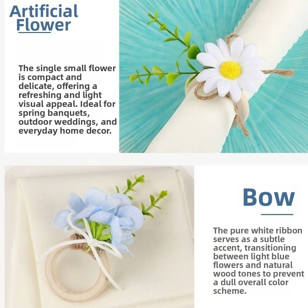 New Wooden Base Fabric Flowers Napkin Rings Rustic Style Handmade Napkin Holders Ball Flower Napkin Fastener Party Table Decor