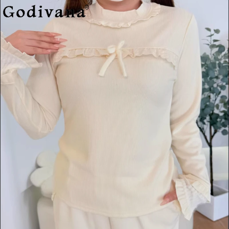 

Large Size Sweet Autumn Winter Bow Ruffles Thickened Bottom Shirt Fashion Girl Age Reduction Versatile Lolita Long Sleeve Top